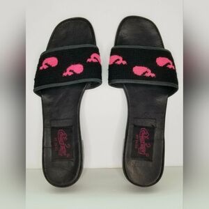 By Paige Needlepoint Peep Toe Slide Black Wool w/Pink Whales Size L/ 9.5-10